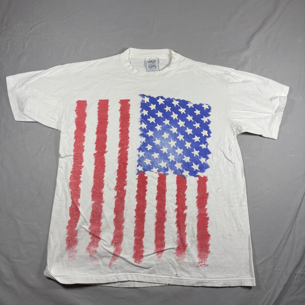 Vintage Wild Oats American Flag T-Shirt Large White 90s Made in USA Distressed